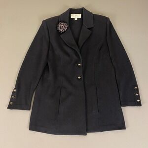 St. John Basics Knit Blazer Jacket w/ Floral Detail Size 6 Black Formal Career‎